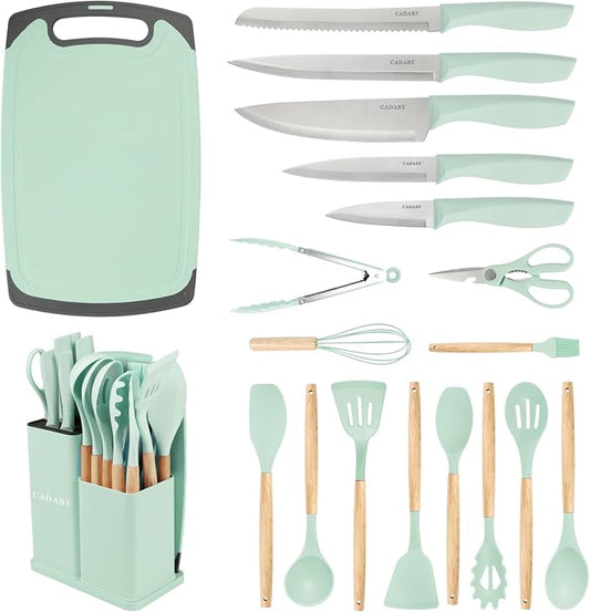 19PCS Green Kitchen Cooking Utensils Set Kitchen Tools Set | 6 Stainless Steel Knives, 11 Silicone Utensils with 1 Cutting Board, Ideal for Apartment by CADABY