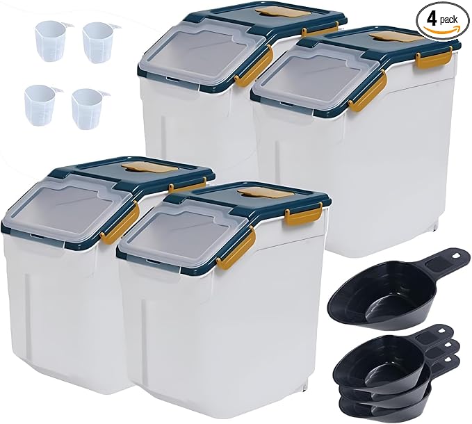 Large Flour Storage Container Bin 25lb,4 Pack Airtight Rice Storage Containers with Wheels Seal Locking Lid BPA Free with Measuring Cup,Scoop for Flour, Rice, Grain, Dry Food - Dark Blue by Mairuker