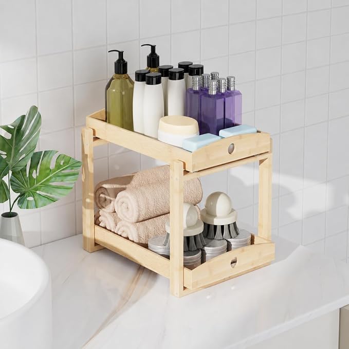 Bamboo Under Sink Organizer 2 Tier Pull Out Cabinet Storage Drawer - Image 8
