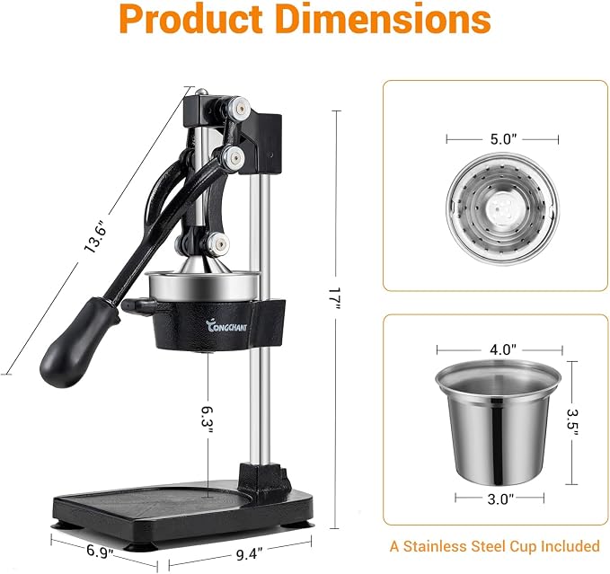 TONGCHANT Cast Iron Manual Juicer for Orange Lemon & Pomegranate, 17" Tall | Heavy Duty Orange Juicer Squeezer, Citrus Press, Hand Press Juicer, Stainless Steel Cup, Easy to Clean, Black - Image 4