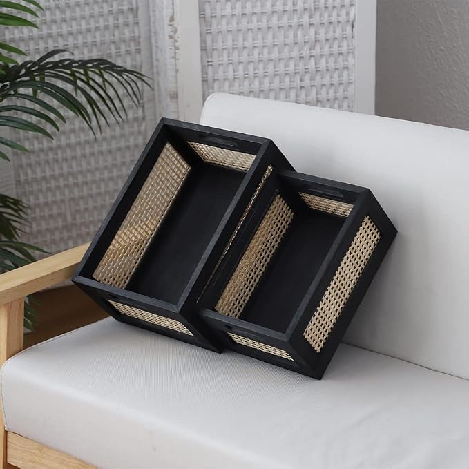 Wood Baskets, Rattan Storage Baskets for Organizing, Black, Set of 2 - Image 5