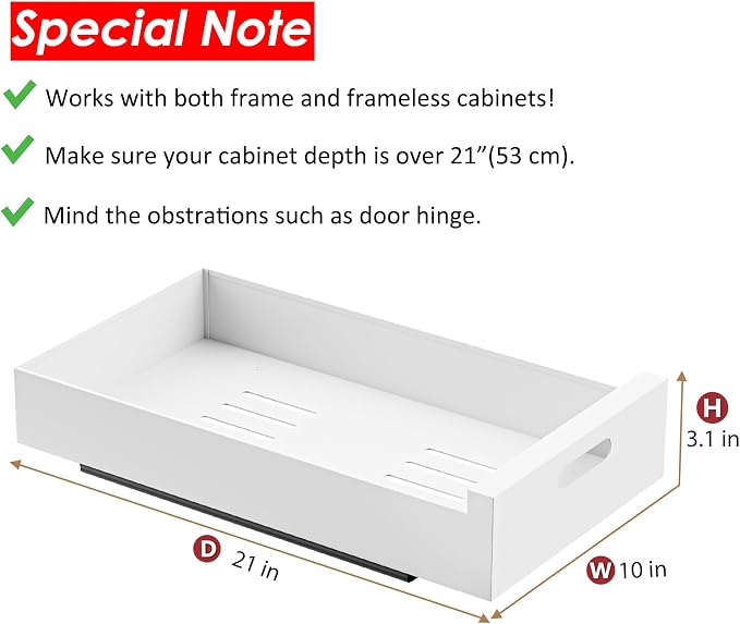 HBL' 2 Pack | 21" Deep Pull Out Cabinet Organizer Adhesive, 10-Inch Wide Sturdy Carbon Steel Roll-Out Drawers, Designed for Frameless Cabinets, Slide-Out Shelves for Pantry. - Image 2