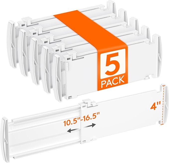 Lifewit 5 Pack 4" High Drawer Dividers, Adjustable Drawer Organizer Clothes | 10.5"-16.5" Expandable White Plastic Separators for Dresser, Kitchen, Cabinet, Nursery, Office, Socks & Underwear Storage by Lifewit