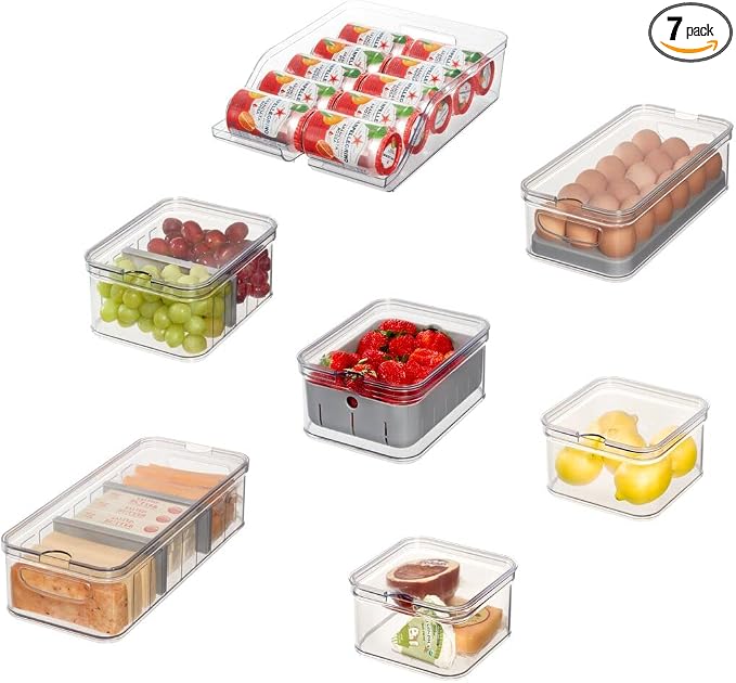 iDesign Crisp 7-Piece Recycled Plastic Refrigerator Organizer Bin Set | With Lids, Clear/Gray by iDesign