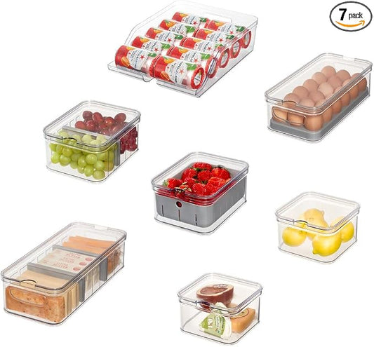 iDesign Crisp 7-Piece Recycled Plastic Refrigerator Organizer Bin Set | With Lids, Clear/Gray by iDesign