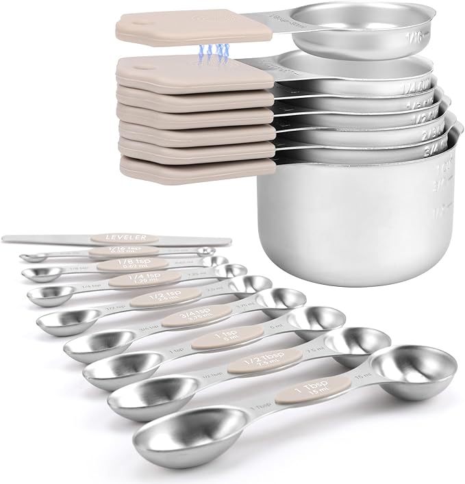 Magnetic Measuring Cups and Spoons Set-Heavy Duty 304 Stainless Steel，Double Measurement Markings，Set of 16 with Leveler for Measure Dry and Liquid Ingredients (khaki) by HOUJIP