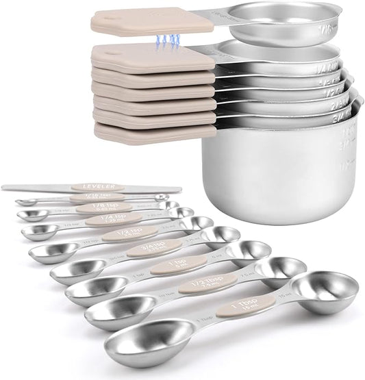 Magnetic Measuring Cups and Spoons Set-Heavy Duty 304 Stainless Steel，Double Measurement Markings，Set of 16 with Leveler for Measure Dry and Liquid Ingredients (khaki) by HOUJIP