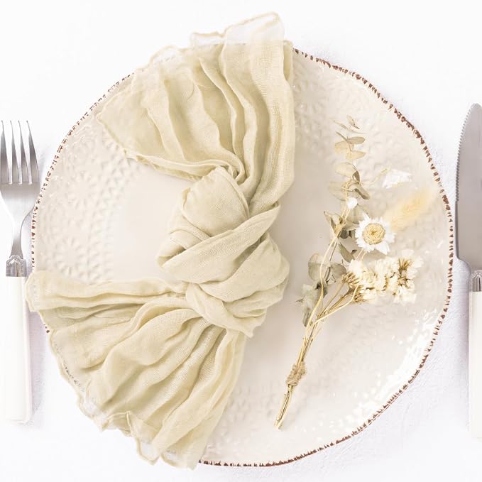 DeZerlor Beige Washable Cheesecloth Napkins Set of 12 for Wedding Party | Reusable Summer Cloth Napkins Bulk, for Bridal Baby Shower Dinner Cocktail Birthday Home, 21x21 Inches - Image 4