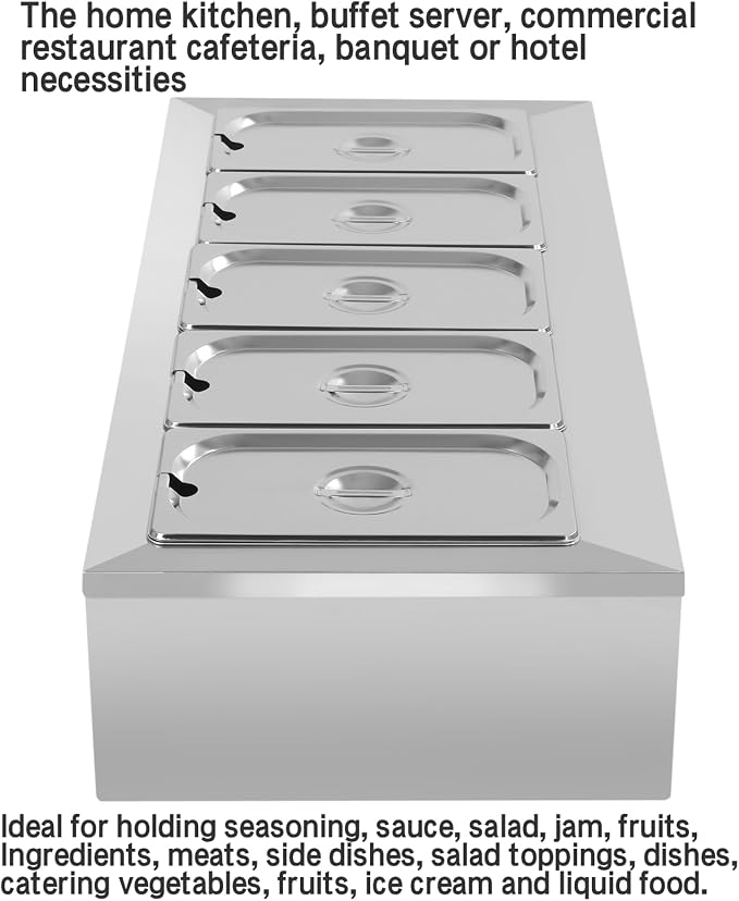 Pizza Oven Topping Station Condiment Food Prep Container Pans Rack | Stainless Steel Container Set with 5 1/3 Pans & Lids, Sandwich Prep Table Ingredients Holder Kitchen Restaurants Buffet - Image 7