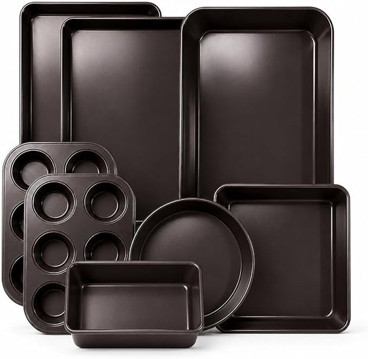 Nonstick Bakeware Set 8 Piece - Stackable Baking Pan Set, Oven safe 450°F, Carbon Steel Baking Set with Muffin, Loaf, Cookie Sheets & Roaster, Easy Storage, BPA-Free (Dark Brown) by Unknown