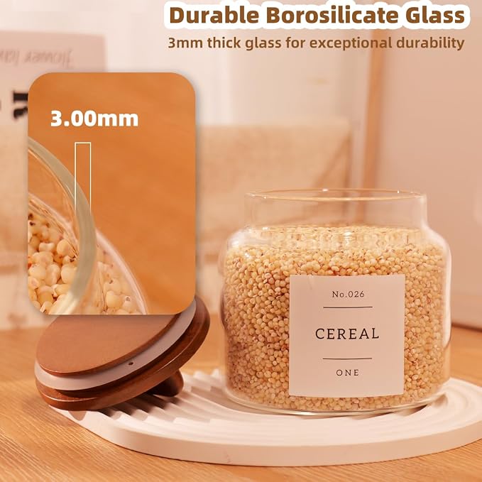 4 Pack Glass Pantry Storage Containers with 132 Pantry Labels - 37 FL OZ Kitchen Glass Canisters with Bamboo Airtight Lids - Farmhouse Glass Pantry Jars for Cookie, Rice, Pasta, Cereal, Bath Salt - Image 3