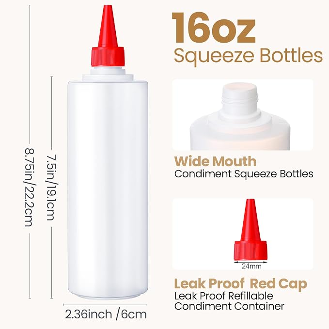 Irenare 16 oz 30 Pack Plastic Condiment Squeeze Bottles for Sauces Empty Squirt Bottle with Top Cap for Condiment BBQ, Dressing, Paint, Workshop, Crafts (Classic) - Image 2