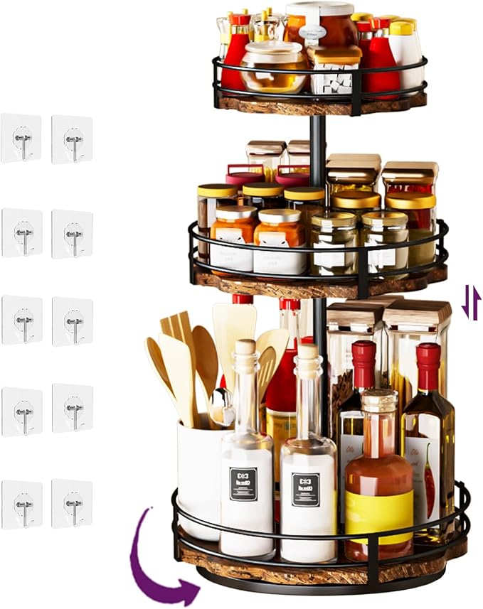 Heavy-Duty 3-Tier Lazy Susan Organizer, Adjustable to Different Heights, Countertop Spice Rack, Upgraded Thickened Wooden Board, Suitable for Seasoning Organizer, Kitchen Organization by CasaDolce