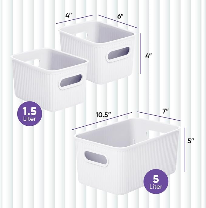 Superio Ribbed Collection - Decorative Plastic Basket Open Home Storage Bins Organizer, White (Set of 3) 1 Medium, 2 Small - Container Boxes for Organizing Closet Storage Bins for Shelves - Image 2