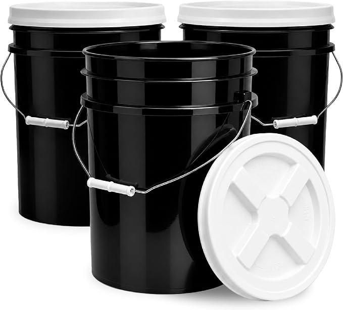 5 Gallon Bucket - Food Grade w/Lid BPA-Free, Black/White, 3 | Airtight Gamma Seal Screw-On Lid, Heavy-Duty 90 Mil HDPE Plastic, Food Safe and Durable Container, Bulk Storage, Made in USA by ePackageSupply