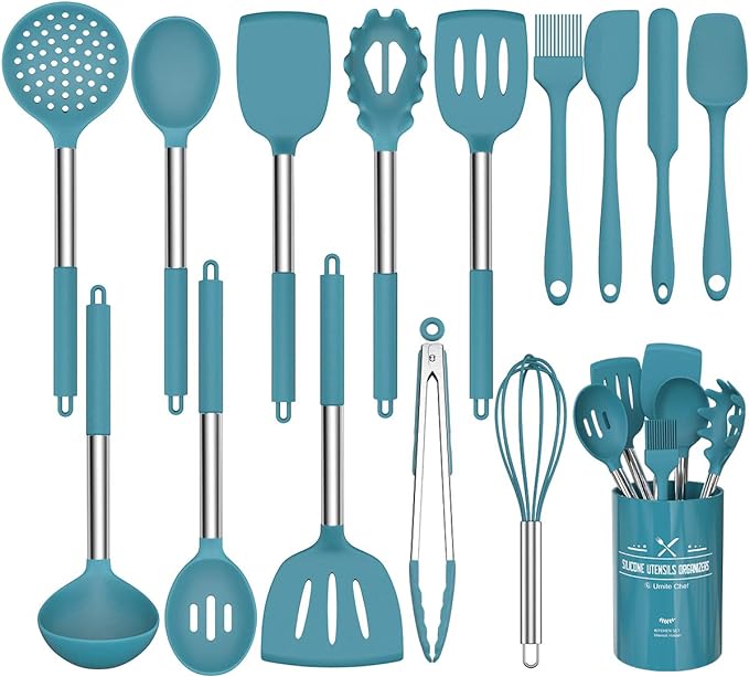 15 Pcs Silicone Cooking Utensils Kitchen Utensil Set - Umite Chef 446°F Heat Resistant Stainless Steel Handles Kitchen Gadgets Tools Set for Nonstick Cookware(Blue) by UmiteChef