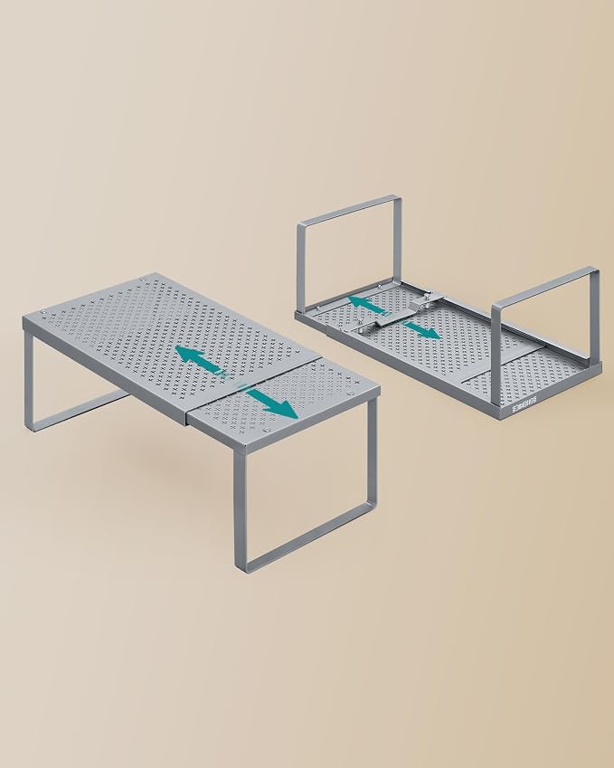 SONGMICS Spice Racks Expandable Kitchen Countertop Shelves, Metal | Set of 2 small cupboard organizers, space-saving tabletop shelves, Silver, UKCS402FG01 - Image 7