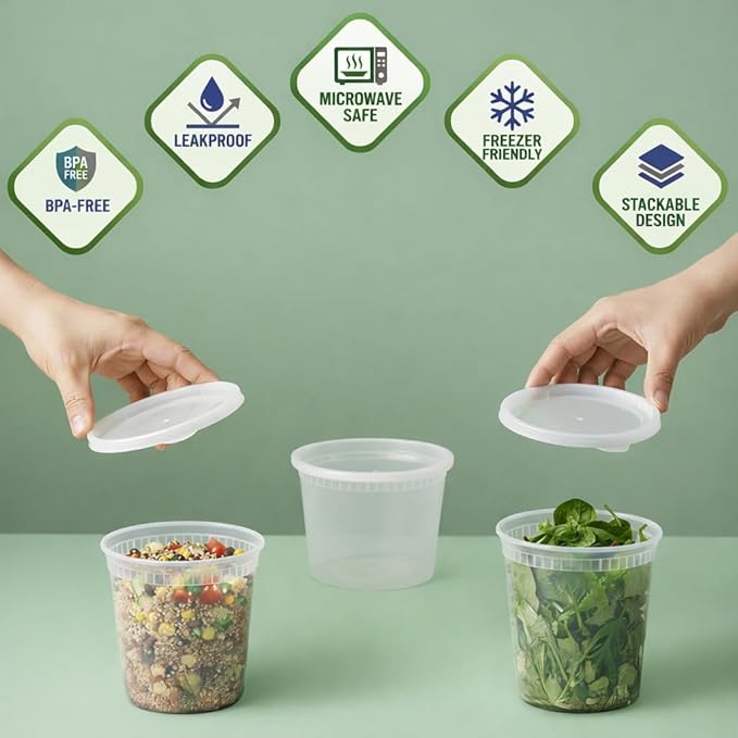 48 Sets Plastic Deli Containers with Lids - 16oz Pint & 32oz Quart | Leak Proof, Microwaveable, Dishwasher & Freezer Safe - Plastic Food Storage, Meal Prep, Restaurant & Soup Containers - Image 3