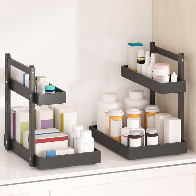 Bamboo Under Sink Organizer, 2-Tier Pull Out Cabinet Organizer | Kitchen Sink Organizer | Bathroom Cabinet Organizer | Cleaning Supply Storage | L-Shape | 3-Level Adjustable | Natural Bamboo - Image 4