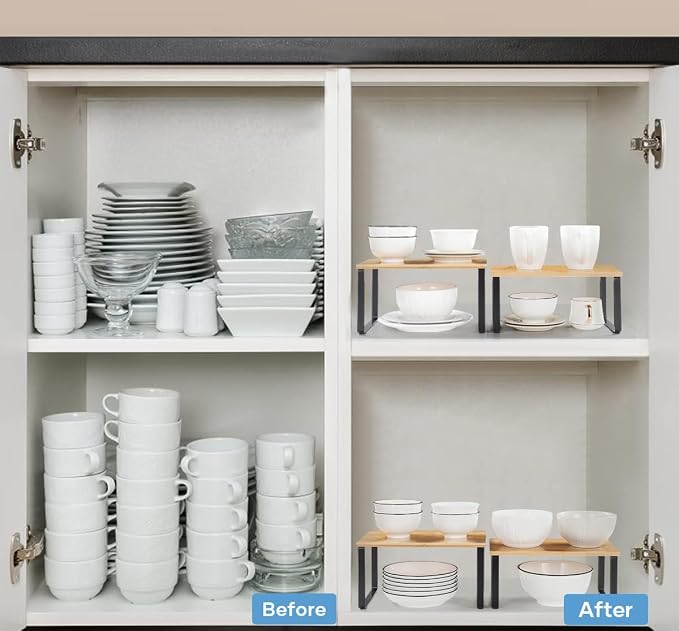 NEX Bamboo Cabinet Organizer Shelf, Kitchen Counter Shelves Set of 4 | Stackable & Expandable Spice Rack, Space-Saving Pantry Organizers Bathroom Countertop Storage, Natural and Black - Image 4