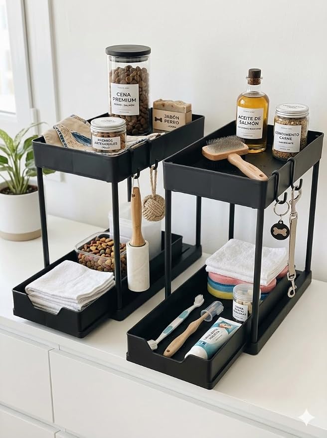 Set of 2 Under Sink Organizer, 2-Tier Black Plastic Storage Rack | Sliding Drawer, For Kitchen and Bathroom - Image 2