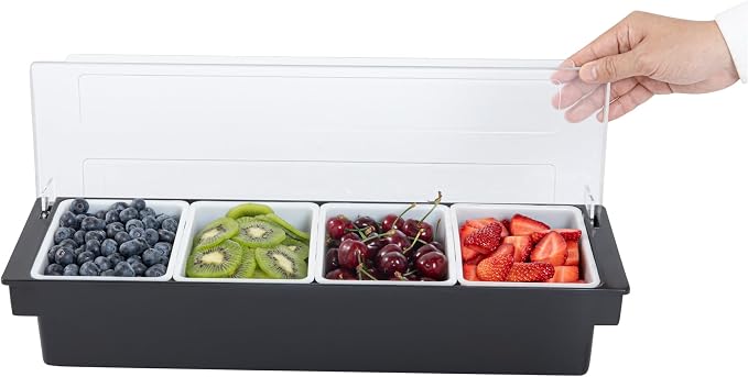 Restaurantware Bar Lux 19.6 x 6.3 x 3.7 Inch Condiment Caddy 1 Durable Bar Caddy - 4 Removable Compartments Built-In Lid Black Plastic Condiment Holder For Restaurant Store Cocktail Garnish - Image 11