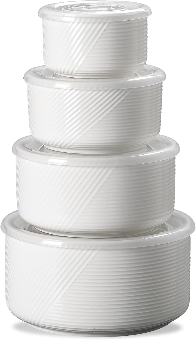 Ceramic Nesting Bowls with Lids, Set of 4, White | 50/32/20/10 oz Mixing Bowls with Lids - Porcelain Food Storage Containers For Prep and Serving, Microwave Safe by Adewnest