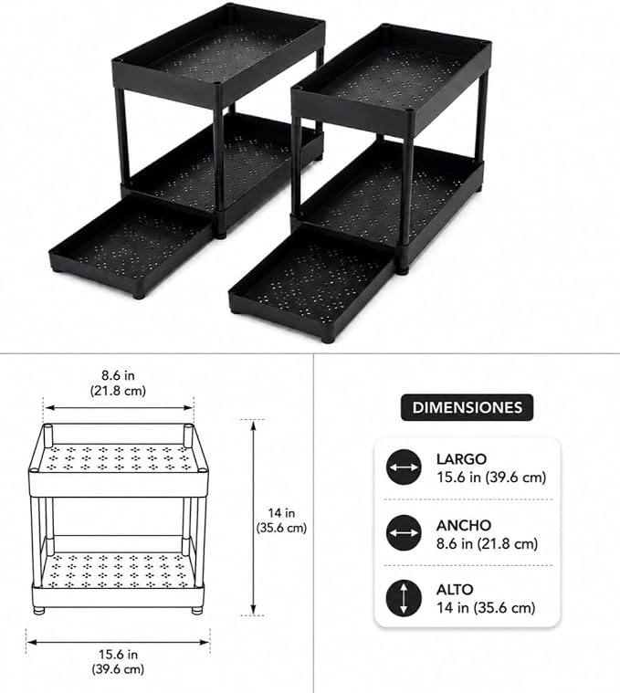 Set of 2 Under Sink Organizer, 2-Tier Black Plastic Storage Rack | Sliding Drawer, For Kitchen and Bathroom - Image 7