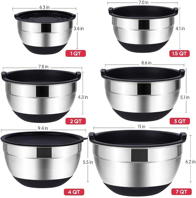 Rottay 20PCS Stainless Steel Mixing Bowls with Airtight Lids Set | Includes 3 Grater Attachments and Non-Slip Bottoms with Size 7, 4, 3, 2, 1.5, 1QT Nesting Bowls for Baking, Meal Prep - Image 5