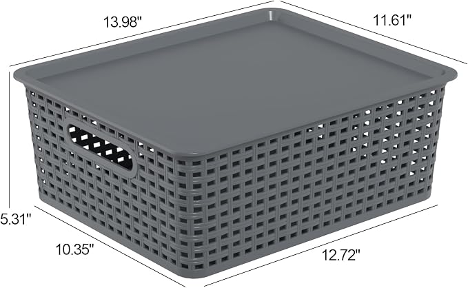 Hespama 6 Packs Grey Lidded Organizer Baskets, Stackable Storage Basket | Plastic Weave Basket for Shelves Cabinets Desktops - Image 2