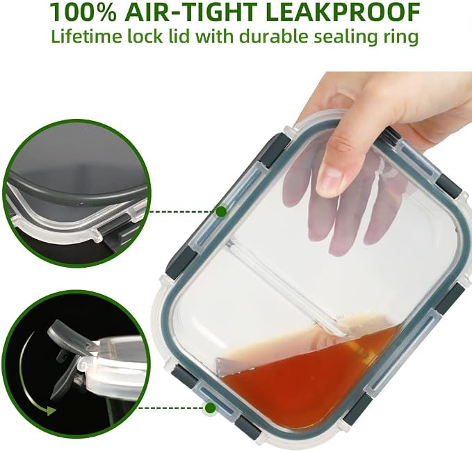 Meal Prep Containers - 2 Compartments with Glass Bowls with Lids, Food Storage Containers Dividers Airtight Lunch Containers, Bento Box for Oven Freezer, 10 Pack - Image 3