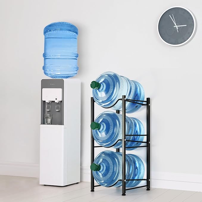 smusei 5 Gallon Water Bottle Holder 3 Tier Water Cooler Jug Rack Shelf Organizer Detachable Heavy Duty Kitchen Water Bottle Storage Rack for Home, Office, Black - Image 2