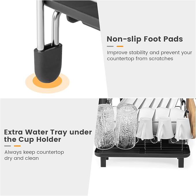 GOFLAME Dish Drying Rack with Drainboard, 2-Tier Detachable Dish Rack with 360°Swivel Spout, Utensil Holder, Cup Holder, Large Capacity Dish Drainer Set for Kitchen Counter - Image 6
