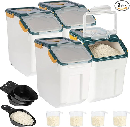 4 Pack Rice Container 25 lbs Large Bulk Flour Sugar Storage Holdhouse Plastic Grain Cereal Dry Goods Bin with Spoon and Measuring Cup for Kitchen Pantry Organization - Blue by MXCELL