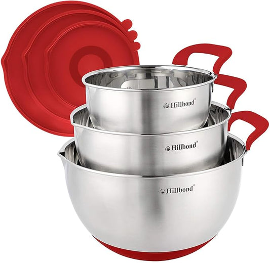 Hillbond Stainless Steel Mixing Bowls with Lids Set, Set of 3, Red | mixing bowl with Pour Spout, Silicone Handle, Non-Slip Bottoms, Dishwasher Safe, Metal Mixing Bowls for baking by Hillbond
