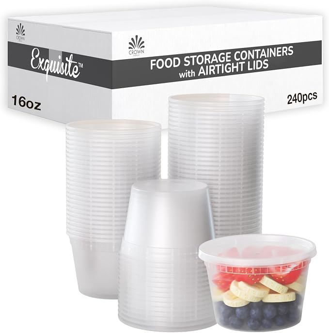 Disposable 16 oz Plastic Containers With Lids - 240 Of Each Containers And Lids - Leak Resistant Containers For Food - Deli Containers - Clear Stackable Containers - Microwave And Freezer Safe by Exquisite