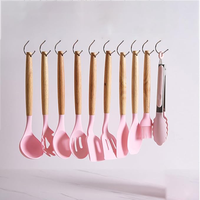 19 Pieces Kitchen Utensils and Knife Set with Block, Inldued 9 Pieces Silicone Cooking Utensils Set 5 Pieces Sharp Stainless Steel Chef Knives Scissors Whisk Tongs and Cutting Board (PINK) - Image 3