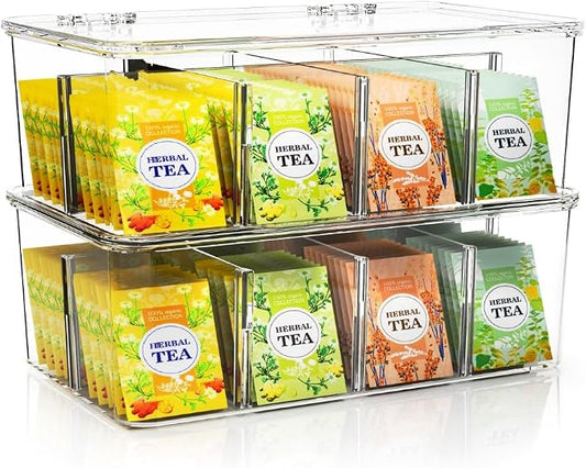 Utopia Home Tea Bag Organizer with Lids, Stackable Tea Box, 2 Pack, Clear | Partition Organizers with Lids For Drawers, Countertops, Fridge, Kitchen, Snack & Spice Organization by UTOPIAHOME