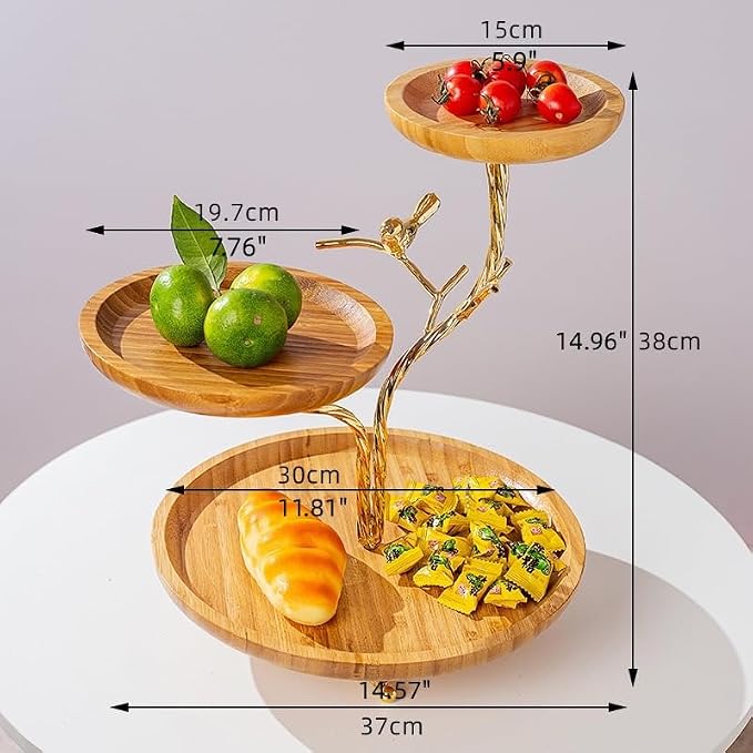 3-Tier Fruit Basket Electroplating Metal Stand Decorative Fruit Bowl Rack Bamboo Wooden Storage Trays Table Countertop Holder for Vegetables Bread Snack for Kitchen Home Use, Gold (Type D) - Image 2