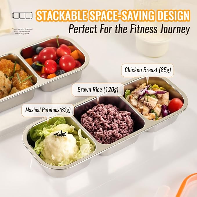 Set of 3 Pack Stainless Steel Snack Container,3 Compartment Bento Lunch Box with Leakproof Grey & Orange Lid,Reusable Metal Food Storage Container,Portable Snack Box for Work,1.5 lb Capacity - Image 8