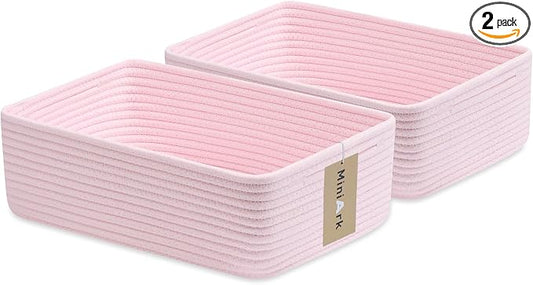 MiniArk Large Shallow Organizing Baskets 15x11x5.1 Inches - Rope Woven Storage Bins for Bathroom, Shelves, Cube Closet, Light Pink 2 Packs by MiniArkStorageBasketsHome