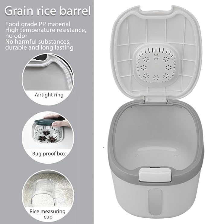 Rice Storage Container, Large Capacity Food Storage Container, Airtight Food Storage Container with Measuring Cup, Covered Rice Bucket, Cereal Dispenser Bin for Grains Nuts Flour(M Gray (10kg/22.0lb)) - Image 8