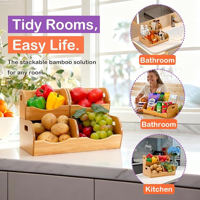 Stackable Bamboo Pantry Organizer - 3-Piece Storage Basket Set for Potato, Onion & Kitchen Cabinet, Tool-Free Assembly, Multi-Size Bins - Image 5