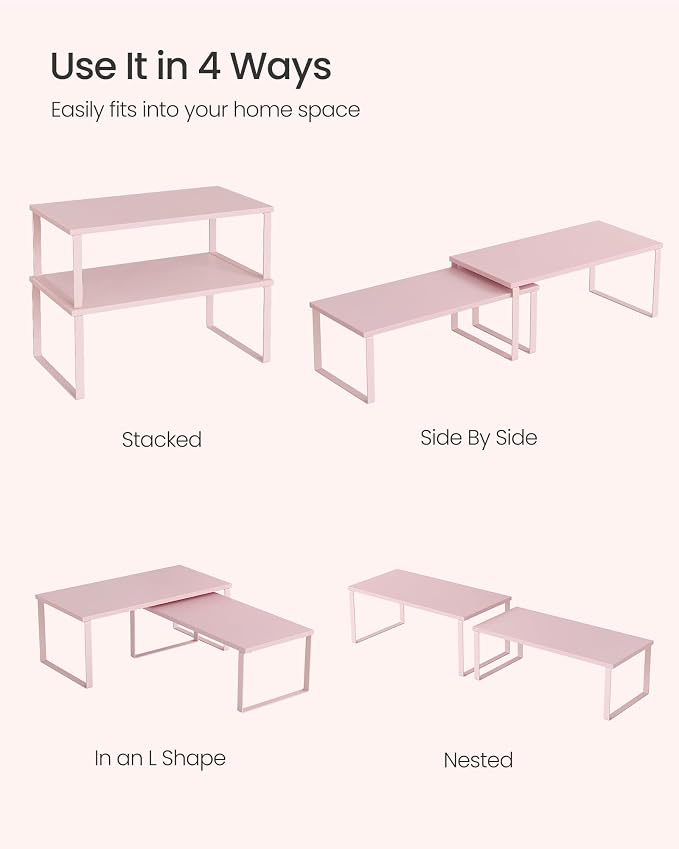 SONGMICS Cabinet Organizer Shelf, Set of 2 Kitchen Counter Shelves, Kitchen Storage, Spice Rack, Stackable, Expandable, Metal and Engineered Wood, 15.6 Inches, Jelly Pink UKCS025S01 - Image 4
