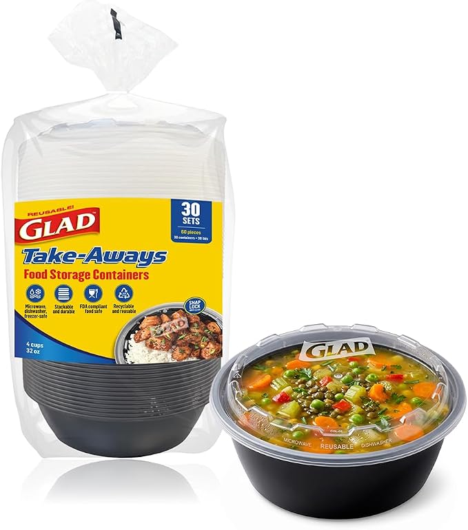 Glad Take-Aways 30-Pack Snap-Seal Round Food Storage Containers, 32 oz, Leak-Resistant Lids, Dishwasher & Freezer Safe, Reusable Meal Prep Bowls, BPA Free, Made in North America by GladTrashFoodStorage