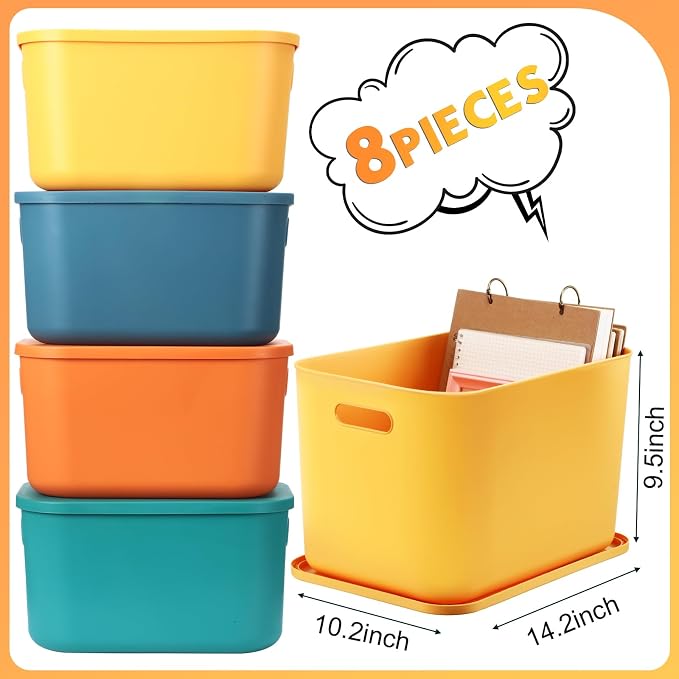 8 Pieces Colorful Storage Bins with Lid, Plastic Storage Basket Organizing Container Stackable Box with Handle for Shelves Desktop Playroom Office(14.2 x 10.2 x 9.5 Inch,Multi-colored) - Image 2