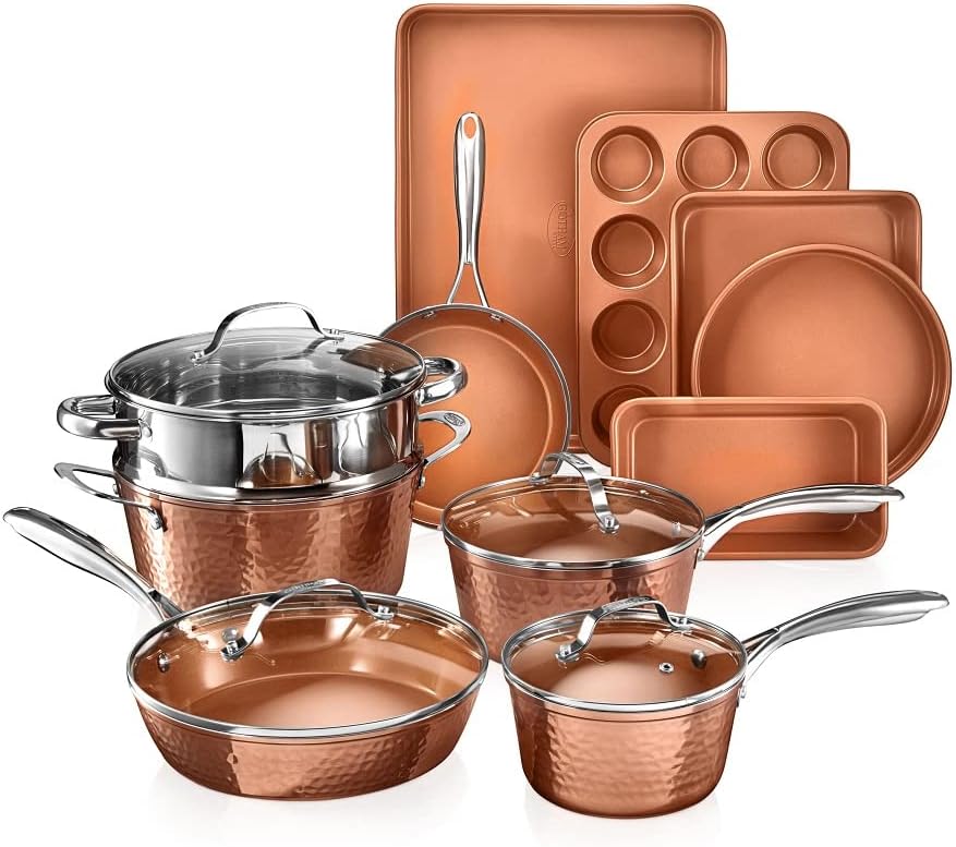 Gotham Steel Hammered 15 Pc Ceramic Cookware Set Nonstick, Deep Copper Pots and Pans Set Non Stick with Bakeware & Deep Fry Pan, Non Toxic PFOA PFOS Free, Induction Oven and Dishwasher Safe