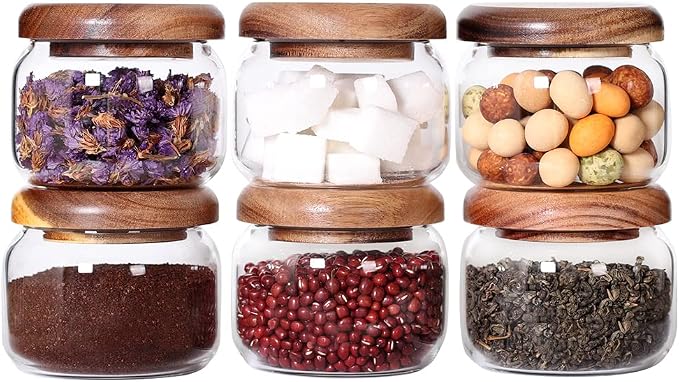 SAIOOL Kitchen Canisters Set of 6-8.5oz Glass Spice Jars With Acacia Airtight Lid and Labels Round Spice Bottles for kitchen Seasoning Baby Food Kids Snacks Meal Prep Containers Candle | Acacia Airtight Lid, Labels Included, Round Spice Bottles, Meal P... by SAIOOL