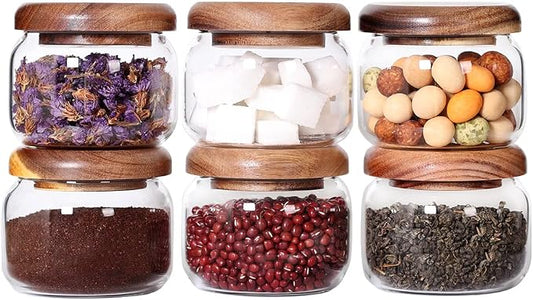 SAIOOL Kitchen Canisters Set of 6-8.5oz Glass Spice Jars With Acacia Airtight Lid and Labels Round Spice Bottles for kitchen Seasoning Baby Food Kids Snacks Meal Prep Containers Candle | Acacia Airtight Lid, Labels Included, Round Spice Bottles, Meal P... by SAIOOL