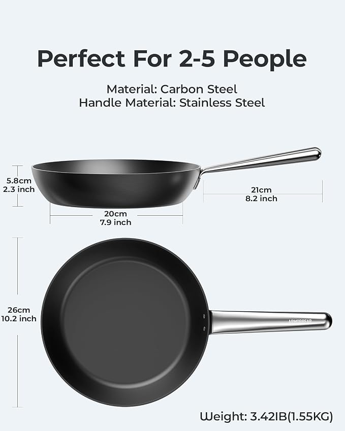 10 Inch Anti-Warp Carbon Steel Frying Pan, Nitrided Skillet | Pre-Seasoned, Works on All Cooktops, Oven Safe, Ideal for Indoor Kitchen Daily Cooking, Outdoor Camping, Chefs - Image 4